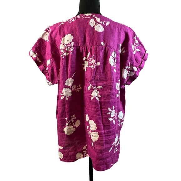 Ann Taylor Floral Linen Framed Popover Short Rolled Sleeve Pink Magenta Large - Picture 4 of 6